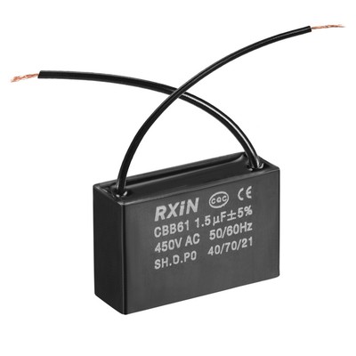 Конденсатор пусковой CBB61-A(гибкие выводы) 1,5 uf 450 VAC 5% 38x24x13,5mm RODYX серия CBB61A (P/N CBB61A1,5UF450VAC5%)